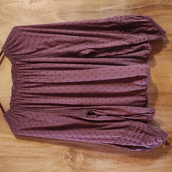 Lucky Brand Boho Cropped Swiss Dot Peasant Blouse Mauve Modal Blend Flowy Lace L - Picture 7 of 11